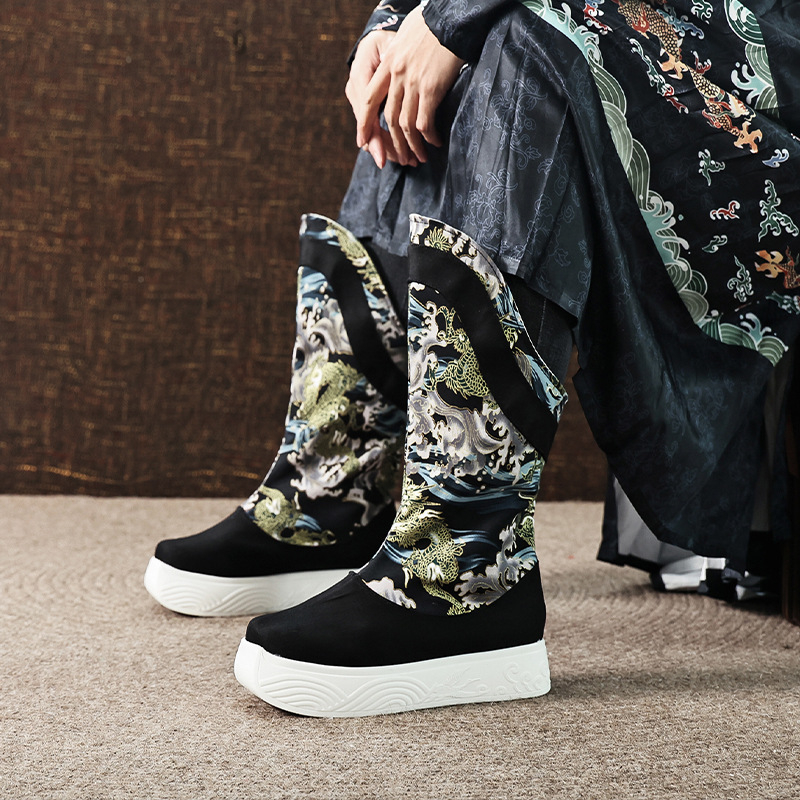 Ghete de iarnă pentru bărbați, stil tradițional, guler înalt, vârf rotund, talpă din cauciuc, partea superioară din bumbac