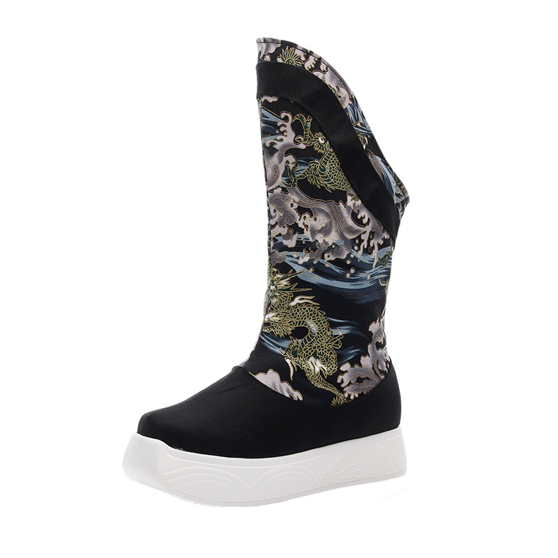 Ghete de iarnă pentru bărbați, stil tradițional, guler înalt, vârf rotund, talpă din cauciuc, partea superioară din bumbac