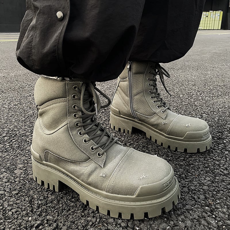 Pánske motocyklové topánky so zvýšenou podrážkou, vysokým holenným strihom, vršok z Oxford textílie, gumová podrážka, PU vložka