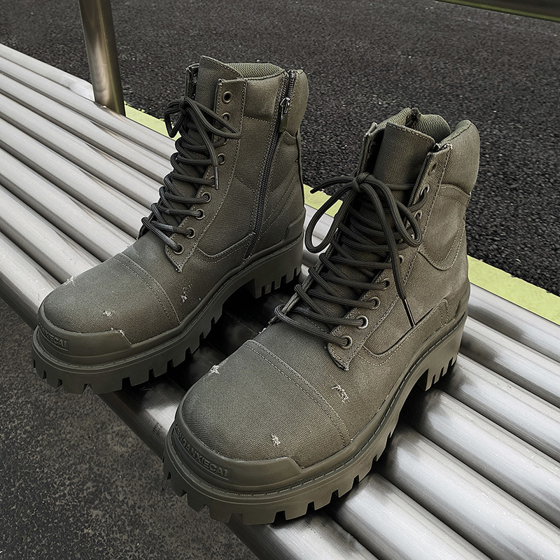 Pánske motocyklové topánky so zvýšenou podrážkou, vysokým holenným strihom, vršok z Oxford textílie, gumová podrážka, PU vložka