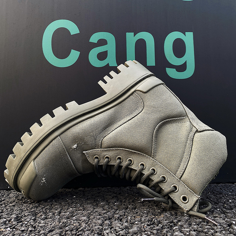 Pánske motocyklové topánky so zvýšenou podrážkou, vysokým holenným strihom, vršok z Oxford textílie, gumová podrážka, PU vložka