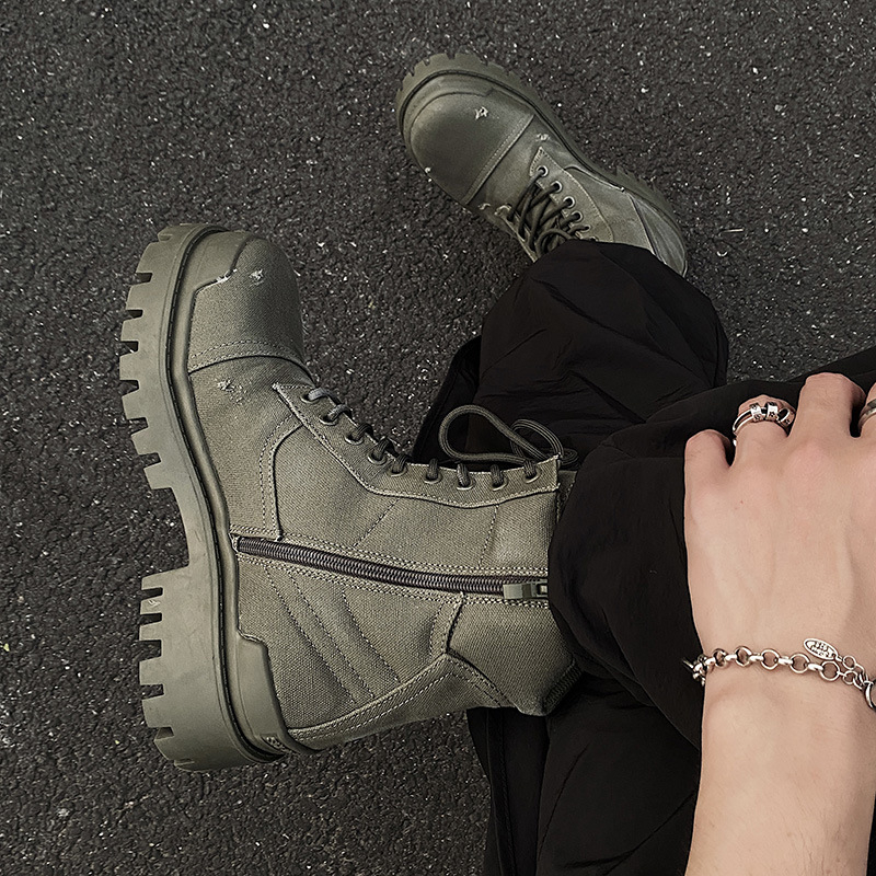 Pánske motocyklové topánky so zvýšenou podrážkou, vysokým holenným strihom, vršok z Oxford textílie, gumová podrážka, PU vložka