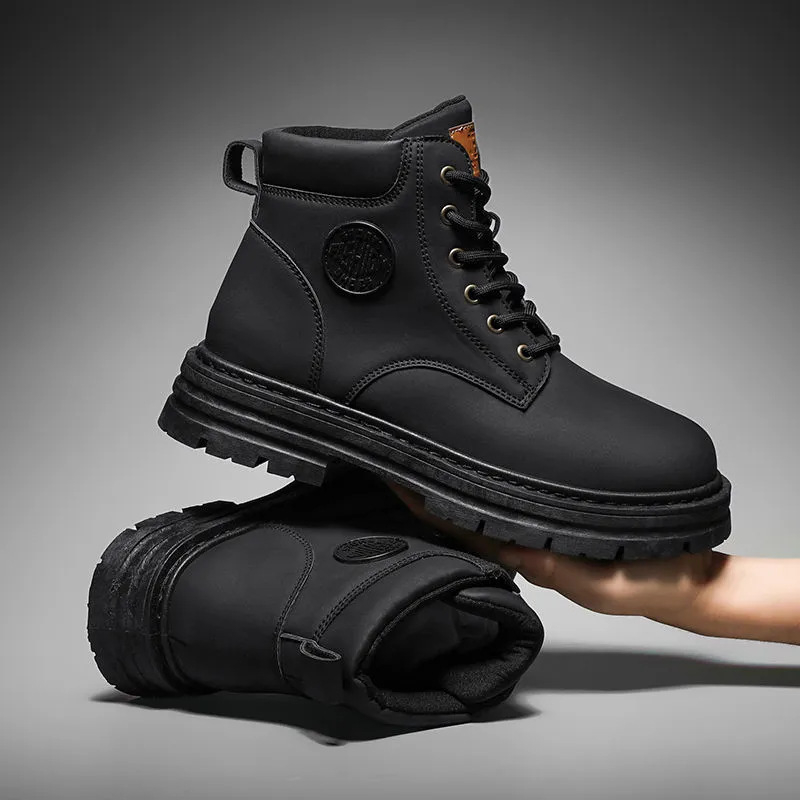 Ghete Martin din velur, vârf rotund, toc plat, sezon de iarnă