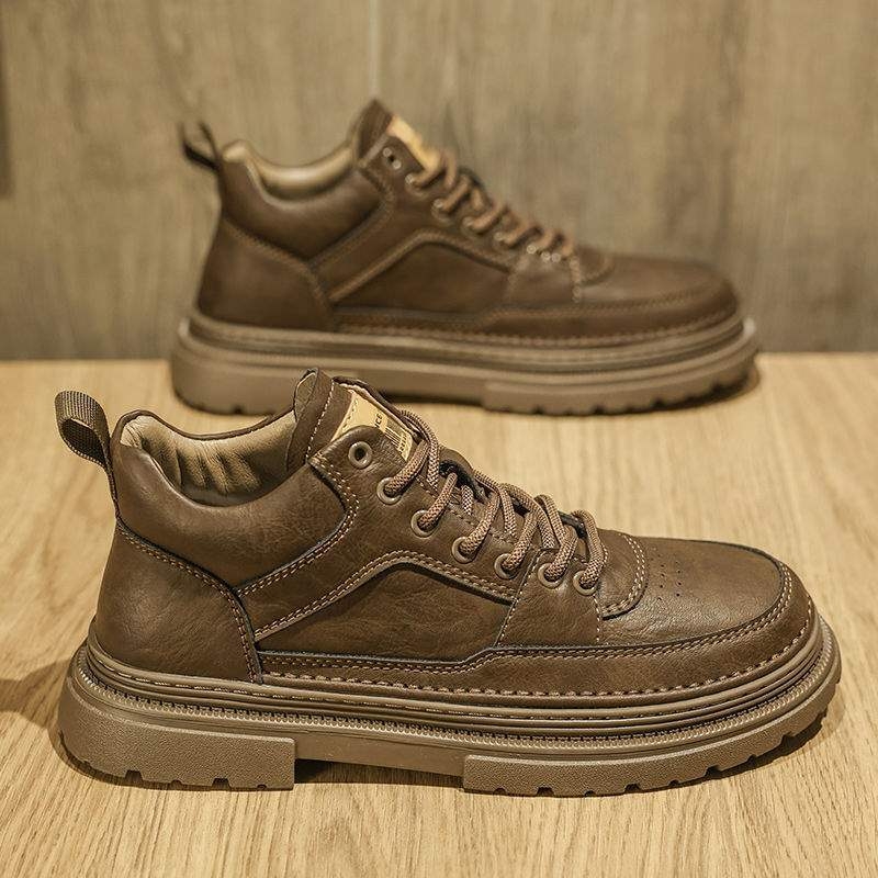 Martin bocanci pentru bărbați, partea superioară din piele microfibră, talpă din cauciuc, branț din latex, căptușeală interioară din pluș artificial, stil britanic cu talpă groasă