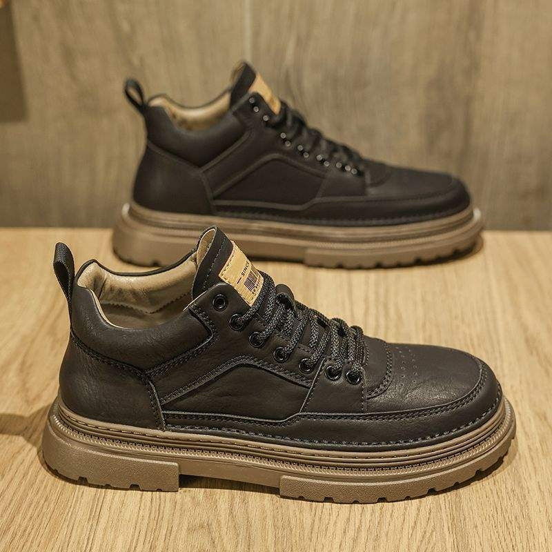 Martin bocanci pentru bărbați, partea superioară din piele microfibră, talpă din cauciuc, branț din latex, căptușeală interioară din pluș artificial, stil britanic cu talpă groasă