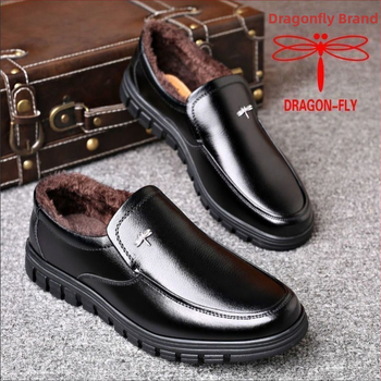 Dragonfly pánske voľnošné kožené topánky — teplý zimný komfort s hornou časťou z split kože, gumová podrážka, podšívka vlneno-kašmírová