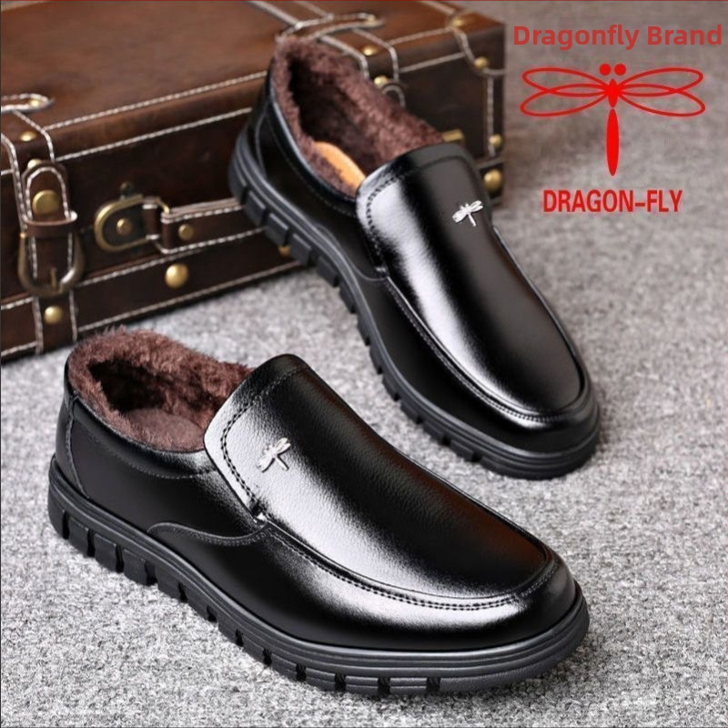 Dragonfly pánske voľnošné kožené topánky — teplý zimný komfort s hornou časťou z split kože, gumová podrážka, podšívka vlneno-kašmírová