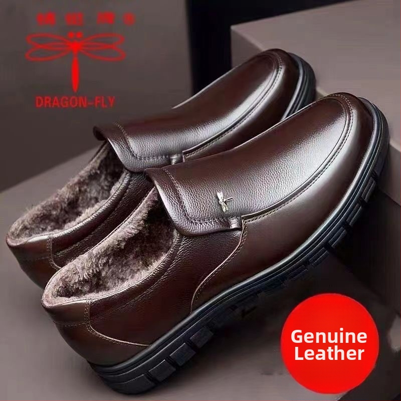Dragonfly pánske voľnošné kožené topánky — teplý zimný komfort s hornou časťou z split kože, gumová podrážka, podšívka vlneno-kašmírová