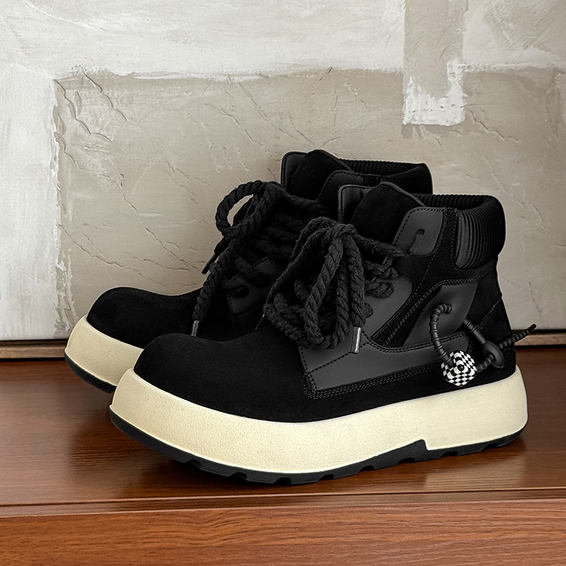 Ghete Martin pentru bărbați, talpă groasă care mărește înălțimea, partea superioară din piele cu accente de suede, vârf rotund