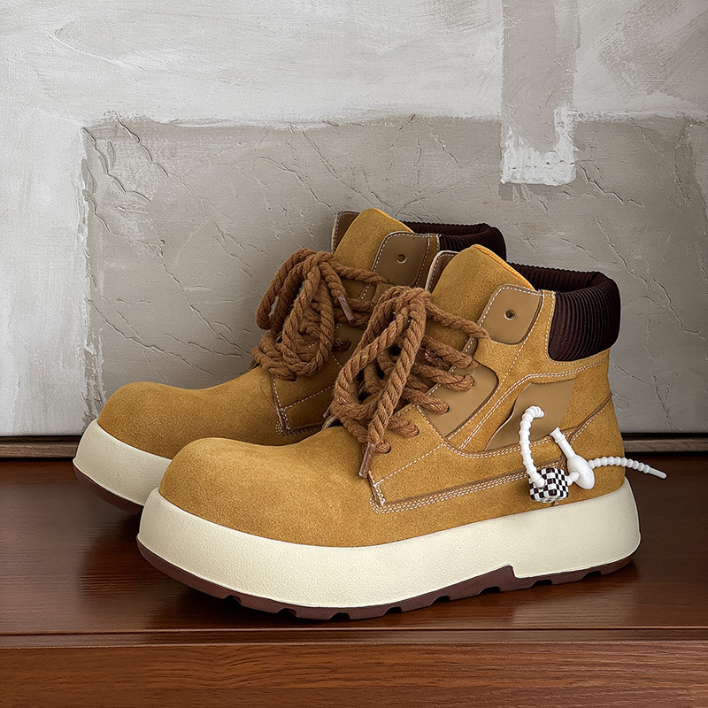 Ghete Martin pentru bărbați, talpă groasă care mărește înălțimea, partea superioară din piele cu accente de suede, vârf rotund