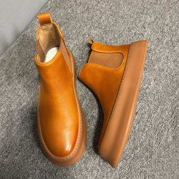 Muške Chelsea čizme od prave kože, okrugli vrh, gumeni potplat, visina potpetice 3-5 cm, zima 2025