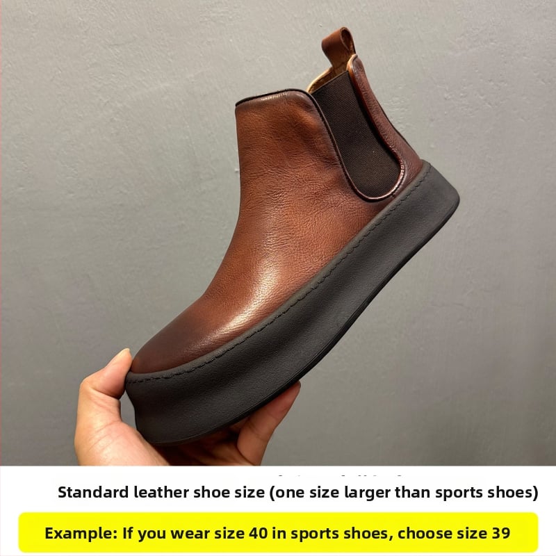 Muške Chelsea čizme od prave kože, okrugli vrh, gumeni potplat, visina potpetice 3-5 cm, zima 2025