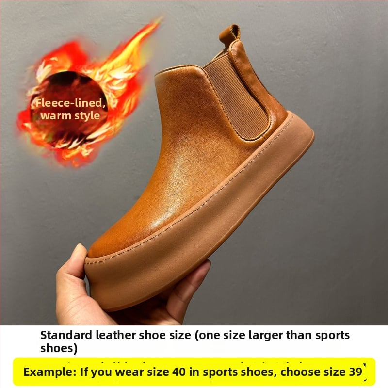 Muške Chelsea čizme od prave kože, okrugli vrh, gumeni potplat, visina potpetice 3-5 cm, zima 2025