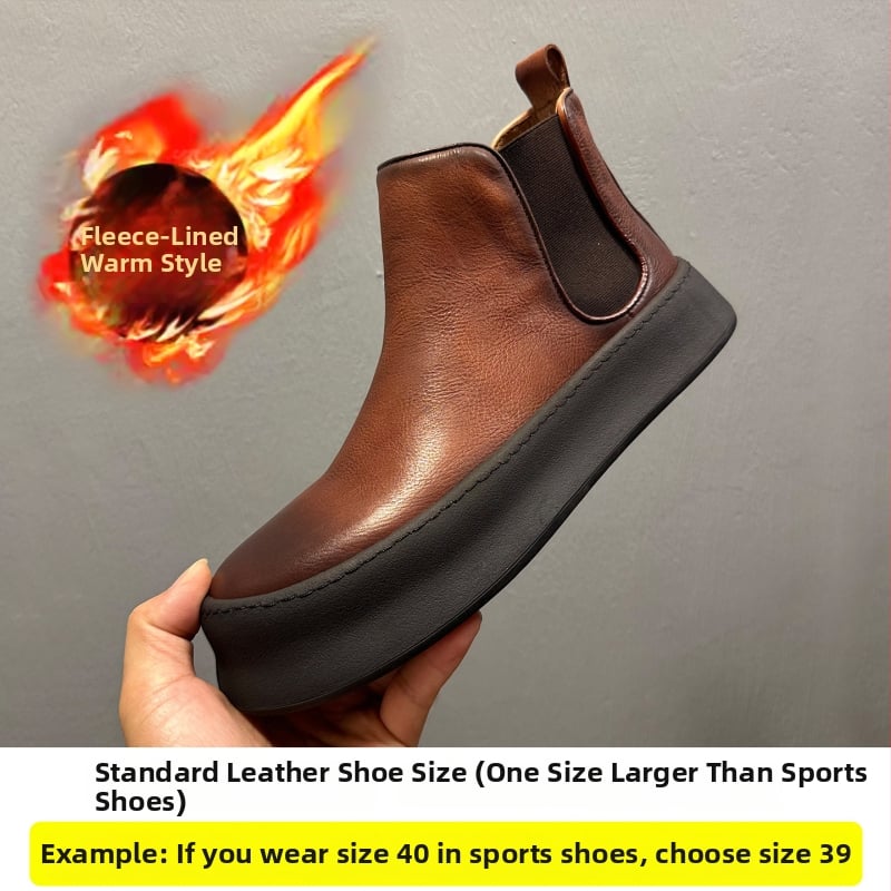 Muške Chelsea čizme od prave kože, okrugli vrh, gumeni potplat, visina potpetice 3-5 cm, zima 2025