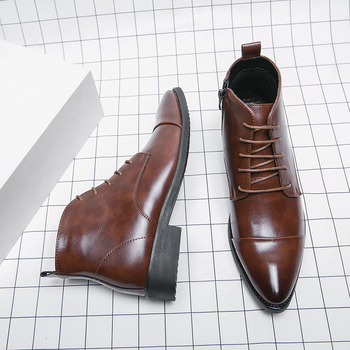 Muške kožne čizme s oštrim vrhom, bočni zip, srednja visina čizme, PU gornji dio, gumeni potplat