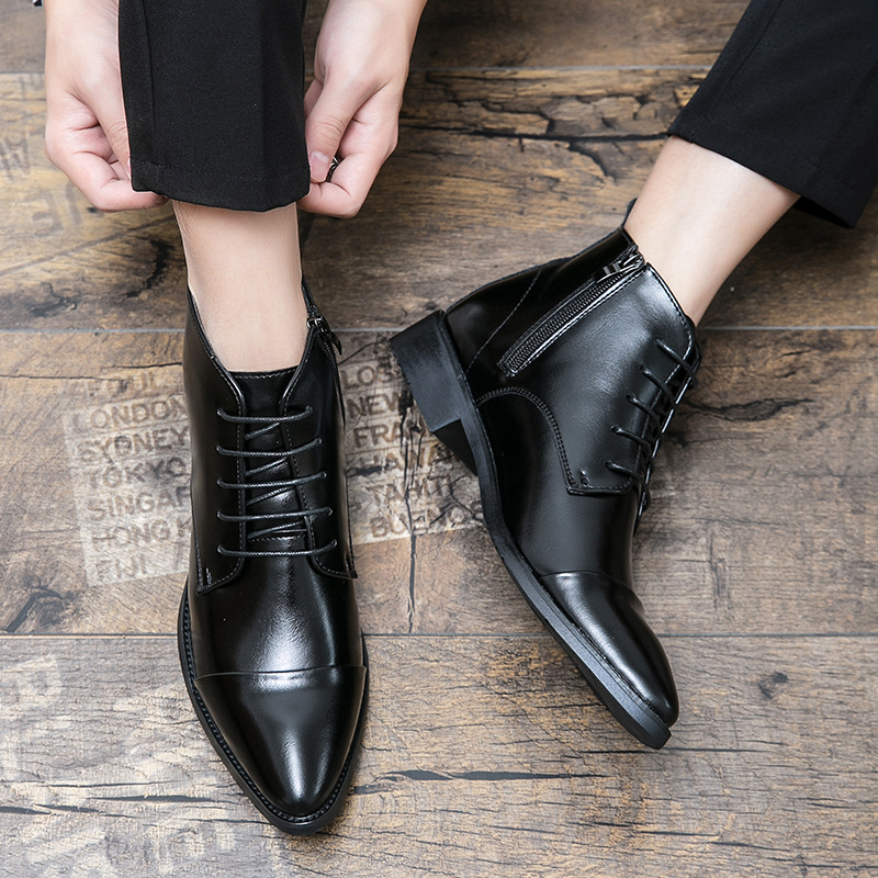 Muške kožne čizme s oštrim vrhom, bočni zip, srednja visina čizme, PU gornji dio, gumeni potplat