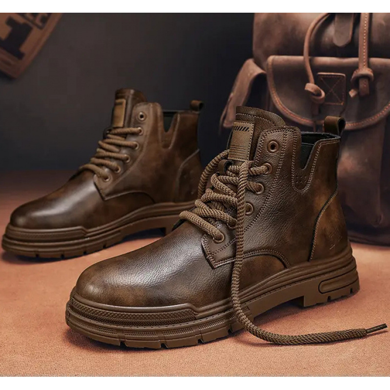 Muške Martin čizme – zimske kožne čizme s fleec podstavom, srednje visoko, gumena potplat, prednje vezivanje šnalama