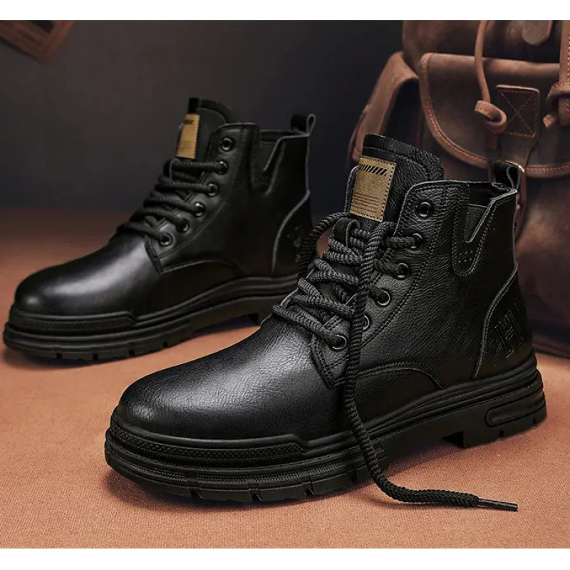 Muške Martin čizme – zimske kožne čizme s fleec podstavom, srednje visoko, gumena potplat, prednje vezivanje šnalama