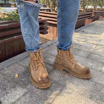 Muške čizme, povećanje visine, gornji dio od svinjske kože, gumeni potplat, srednje visine, vintage stil