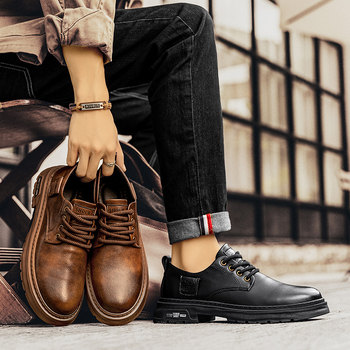 Muške Martin čizme od mikrovlakaste kože, prozračne, otporne na klizanje i habanje, gumeni potplat, niski potpetica 1–3 cm, prednje vezanje, stil korejske verzije, za jesen.