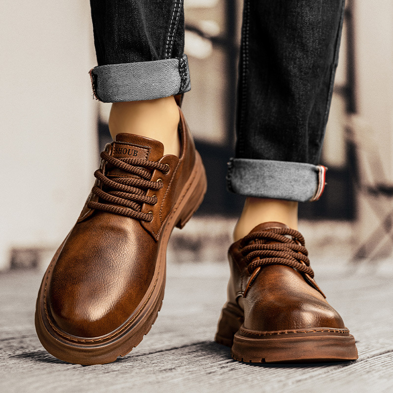 Muške Martin čizme od mikrovlakaste kože, prozračne, otporne na klizanje i habanje, gumeni potplat, niski potpetica 1–3 cm, prednje vezanje, stil korejske verzije, za jesen.