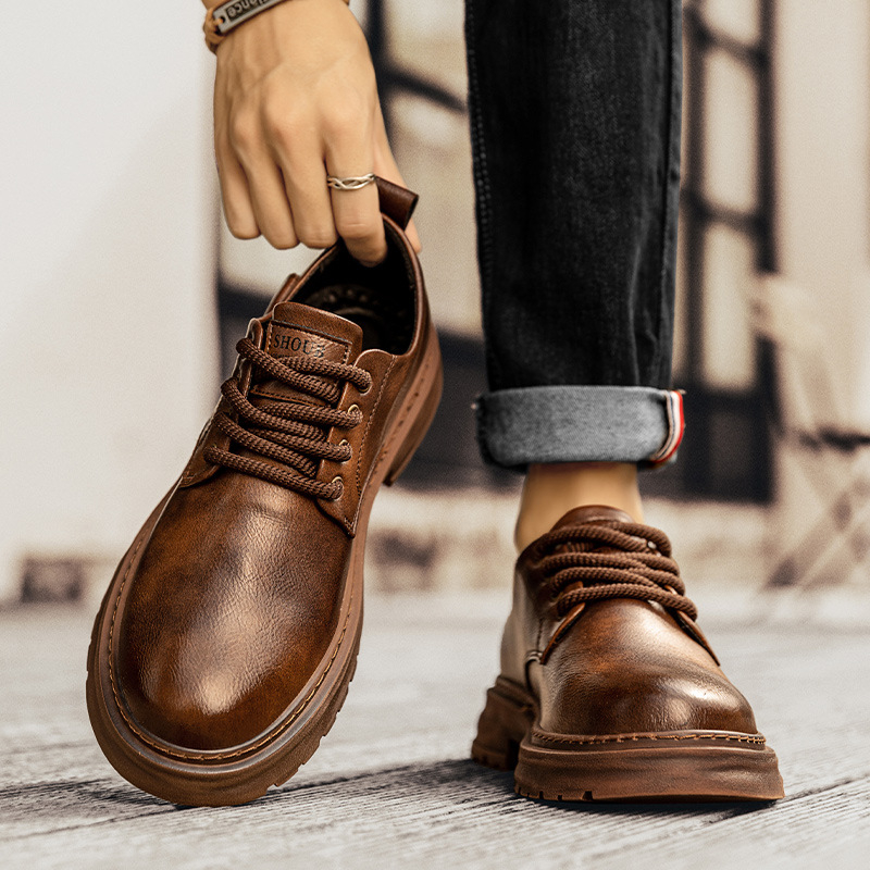 Muške Martin čizme od mikrovlakaste kože, prozračne, otporne na klizanje i habanje, gumeni potplat, niski potpetica 1–3 cm, prednje vezanje, stil korejske verzije, za jesen.