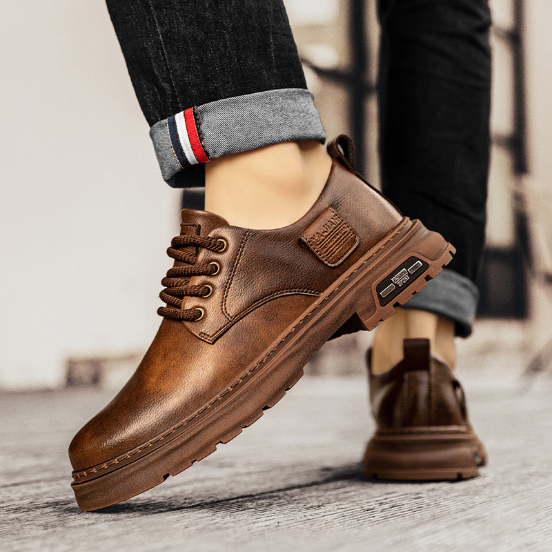 Muške Martin čizme od mikrovlakaste kože, prozračne, otporne na klizanje i habanje, gumeni potplat, niski potpetica 1–3 cm, prednje vezanje, stil korejske verzije, za jesen.