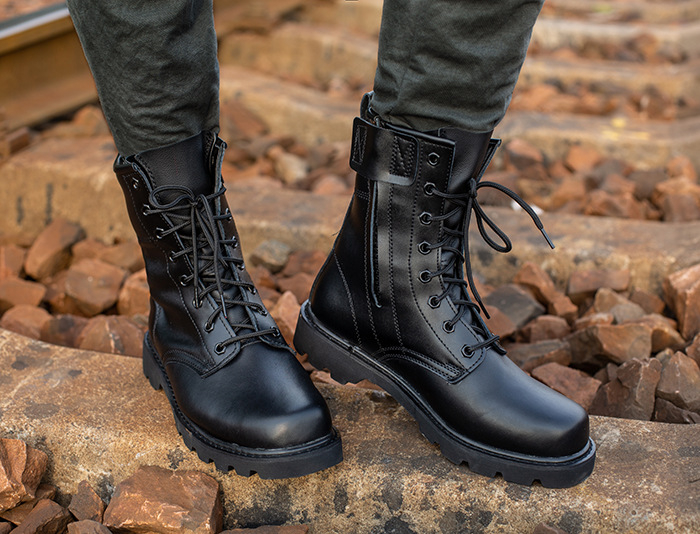Ghete de exterior pentru bărbați – vârf rotund, partea superioară din piele naturală, talpă din cauciuc, stil militar, fermoar lateral