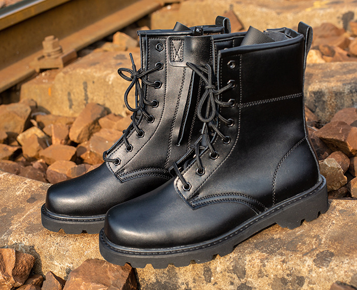 Ghete de exterior pentru bărbați – vârf rotund, partea superioară din piele naturală, talpă din cauciuc, stil militar, fermoar lateral