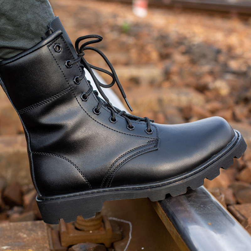 Ghete de exterior pentru bărbați – vârf rotund, partea superioară din piele naturală, talpă din cauciuc, stil militar, fermoar lateral