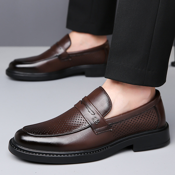 Muške formalne kožne cipele — gornji dio od dijeljene teleće kože, kožni vrh prsta, slip-on, nizak gležanj, PU podstava, prozračne, protuklizne, otporne na habanje