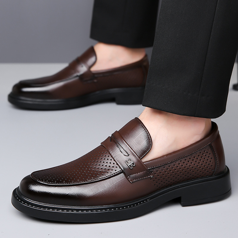 Muške formalne kožne cipele — gornji dio od dijeljene teleće kože, kožni vrh prsta, slip-on, nizak gležanj, PU podstava, prozračne, protuklizne, otporne na habanje