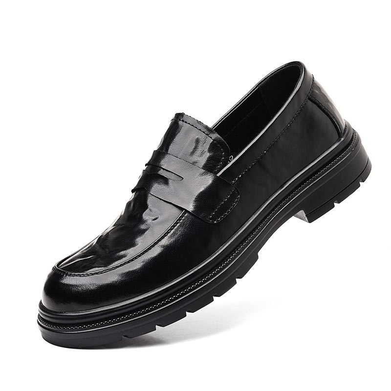 Muške kožne slip-on loaferice s gumom, prava koža, kožni vrh (nos), nizak klin 1–3 cm, prozračna PU uložak