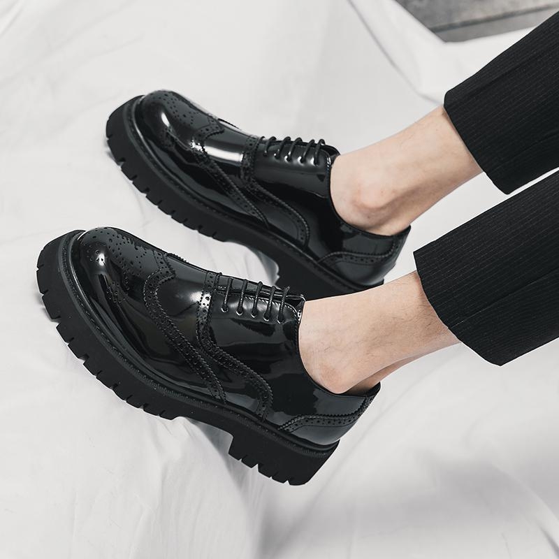 Ανδρικά δερμάτινα παπούτσια σε κορεατικό στυλ, καθημερινά, με παχιά σόλα, PU επάνω μέρος, στρογγυλή μύτη, χαμηλό τακούνι