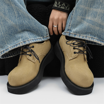 Pantofi Derby pentru bărbați cu talpă groasă de creștere a înălțimii (3–5 cm) – partea superioară din flanel, talpă din cauciuc, vârf rotund, gât scurt, stil de toamnă casual