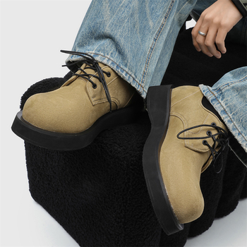 Pantofi Derby pentru bărbați cu talpă groasă de creștere a înălțimii (3–5 cm) – partea superioară din flanel, talpă din cauciuc, vârf rotund, gât scurt, stil de toamnă casual