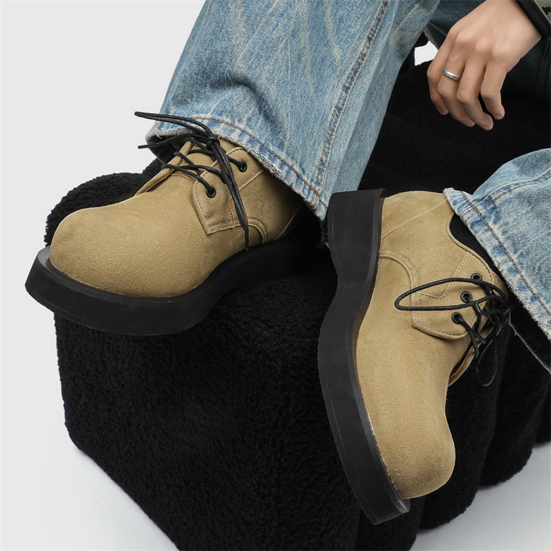 Pantofi Derby pentru bărbați cu talpă groasă de creștere a înălțimii (3–5 cm) – partea superioară din flanel, talpă din cauciuc, vârf rotund, gât scurt, stil de toamnă casual