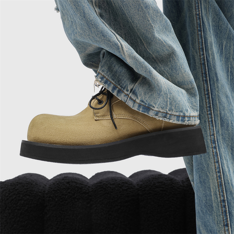 Pantofi Derby pentru bărbați cu talpă groasă de creștere a înălțimii (3–5 cm) – partea superioară din flanel, talpă din cauciuc, vârf rotund, gât scurt, stil de toamnă casual