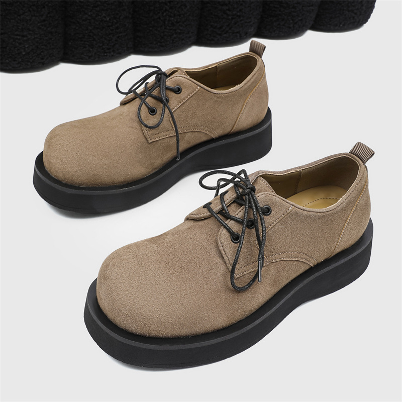 Pantofi Derby pentru bărbați cu talpă groasă de creștere a înălțimii (3–5 cm) – partea superioară din flanel, talpă din cauciuc, vârf rotund, gât scurt, stil de toamnă casual