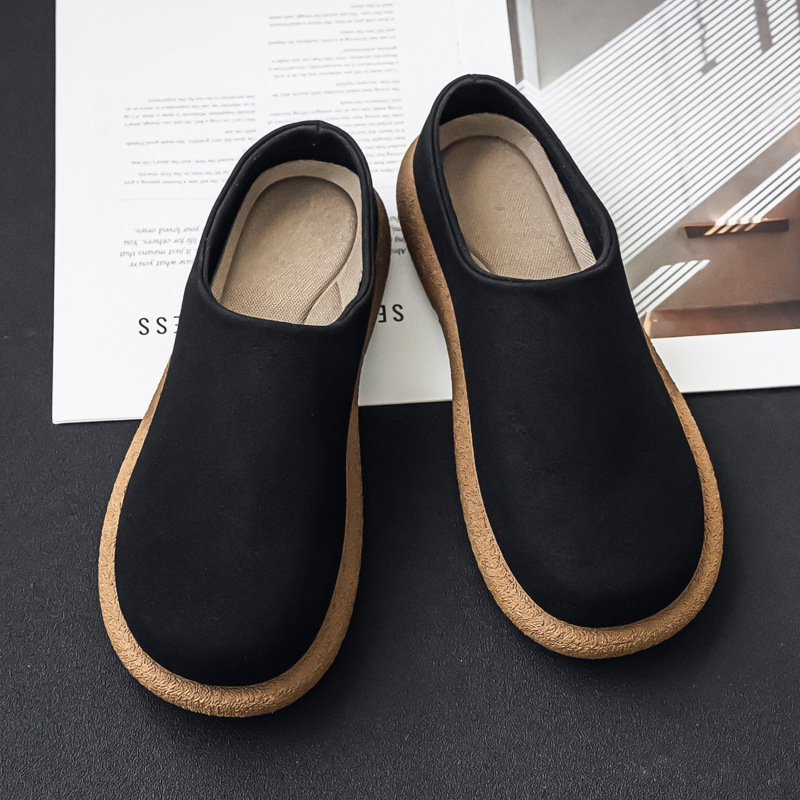 Muške casual mule od mikrovlaknaste kože sa suede završetkom, gumom potplata, okrugli vrh, niski kvadratni potpetica, jesen 2025 izlazak