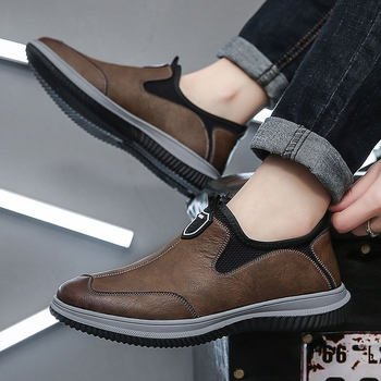 Muške slip-on casual cipele s PU gornjim dijelom, prozračna podstava od tekstila, plastična potplata, zaobljen vrh, ravni đon
