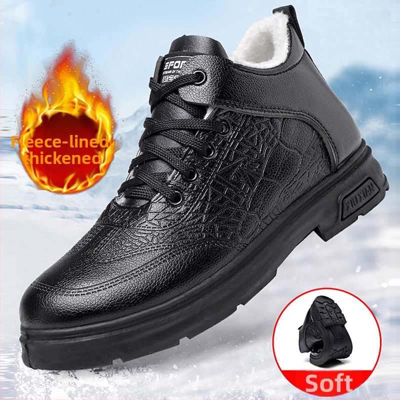 Pánske zimné vysoké kožené čižmy s vlnenou podšívkou a ovčou kožušinkou (Horná časť: koža, Vysoký šľap, Gumená podrážka, Šnurovanie vpredu, Nízky štvorcový podpätok)