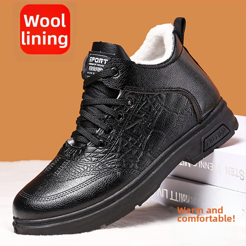 Pánske zimné vysoké kožené čižmy s vlnenou podšívkou a ovčou kožušinkou (Horná časť: koža, Vysoký šľap, Gumená podrážka, Šnurovanie vpredu, Nízky štvorcový podpätok)