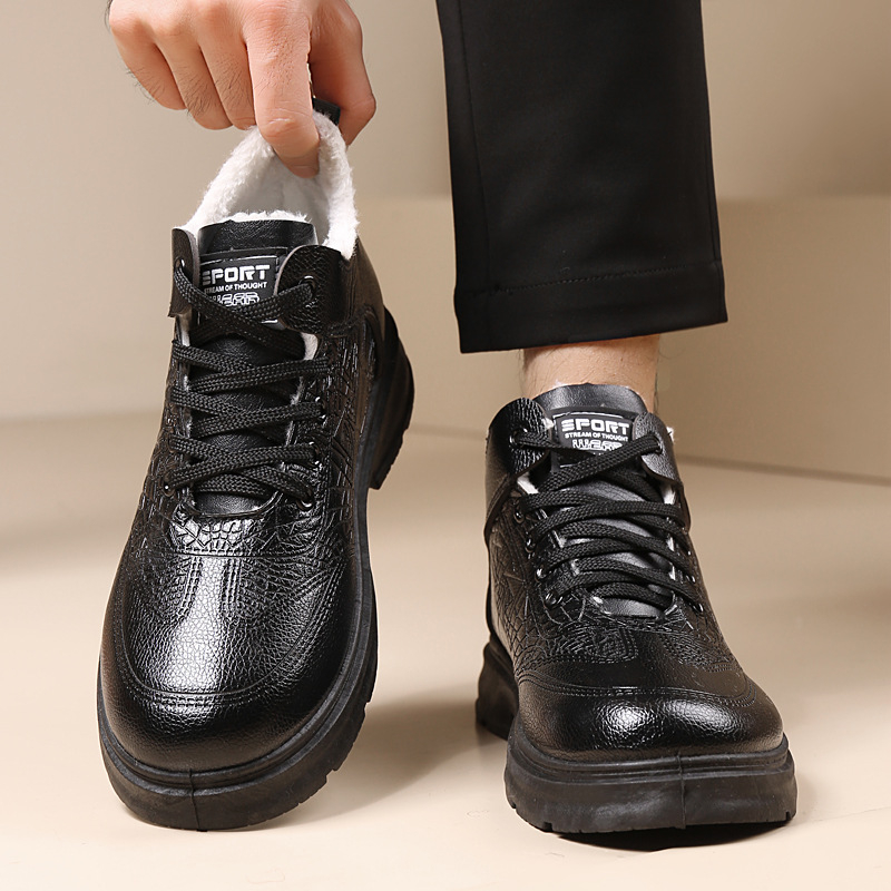 Cizme bărbați înalte de iarnă din piele, căptușite cu lână și căptușeală din shearling (Partea superioară: piele, Guler înalt, Talpă din cauciuc, Închidere cu șireturi, Toc pătrat mic)