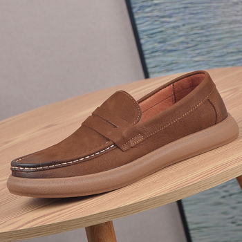 Loafers pentru bărbați - Partea superioară din piele naturală, branț din piele de porc, talpă din cauciuc, slip-on, vârf rotund, toc mic, respirabili, stil vintage casual