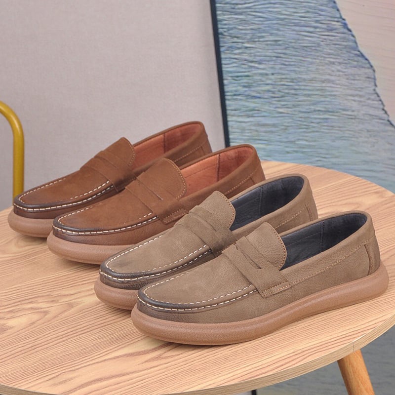 Loafers pentru bărbați - Partea superioară din piele naturală, branț din piele de porc, talpă din cauciuc, slip-on, vârf rotund, toc mic, respirabili, stil vintage casual