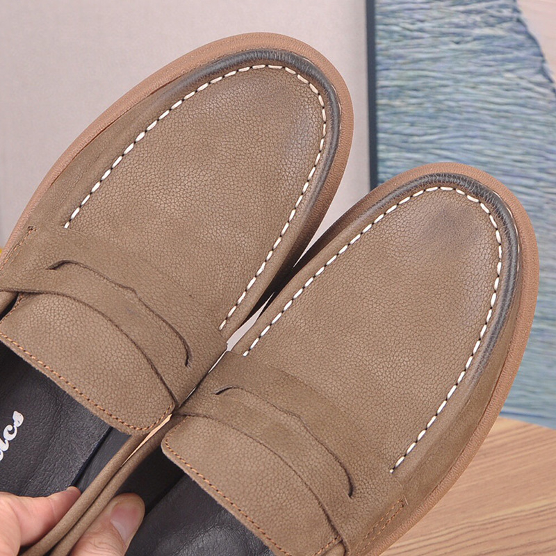 Loafers pentru bărbați - Partea superioară din piele naturală, branț din piele de porc, talpă din cauciuc, slip-on, vârf rotund, toc mic, respirabili, stil vintage casual