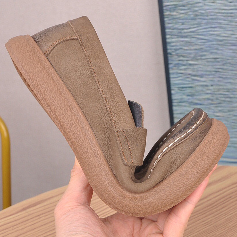 Loafers pentru bărbați - Partea superioară din piele naturală, branț din piele de porc, talpă din cauciuc, slip-on, vârf rotund, toc mic, respirabili, stil vintage casual