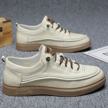 Adidași casual pentru bărbați din piele, partea superioară din piele de vită de primă calitate, talpă din cauciuc, vârf rotund, talpă anti-derapantă, toc plat