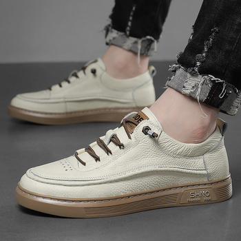 Adidași casual pentru bărbați din piele, partea superioară din piele de vită de primă calitate, talpă din cauciuc, vârf rotund, talpă anti-derapantă, toc plat